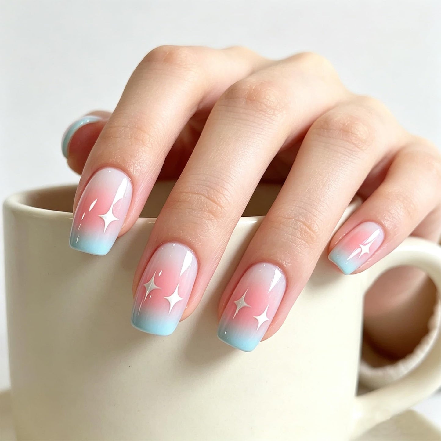 Blue Pink Ombre Press On Nails Glossy Medium Square Fake Nails with Star Design Cute Starry False Nails Reusable Acrylic Stick On Nails for Women Daily Wear, 24 Manicure Kit with Adhesive Tabs