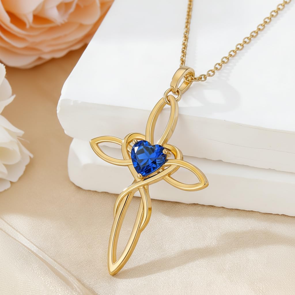 POIUY Celtic Knot Cross Birthstone Necklace for Women 14K Gold Irish Infinity Heart Pendant Cross Jewelry Anniversary Baptism Faith Valentines Birthday Mothers Day Gifts for Mom Wife Her