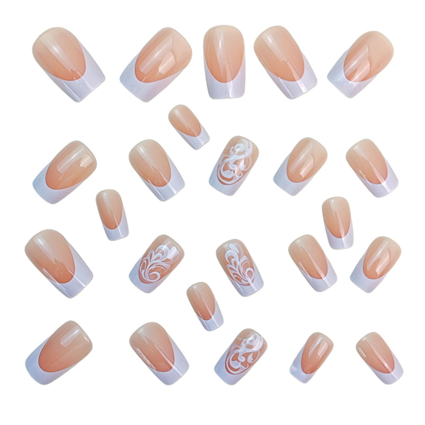French Tip Press on Nails Medium Square Fake Nails with White Lines Designs Glossy Nails Press ons Nude Glue on Nails Cute Acrylic Nails Artificial Stick on Nails for Women 24Pcs