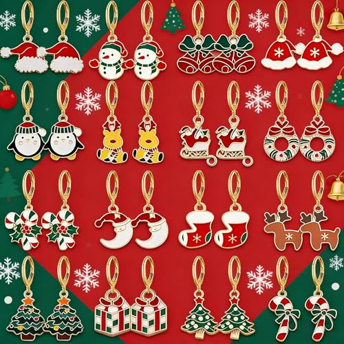 16 Pairs Christmas Reindeer Santa Hoop Earrings for Women Unique Winter Xmas Tree Snowflake Bow Bell Snowman Penguin Earrings Christmas New Year Jewelry Gifts - style: Gift