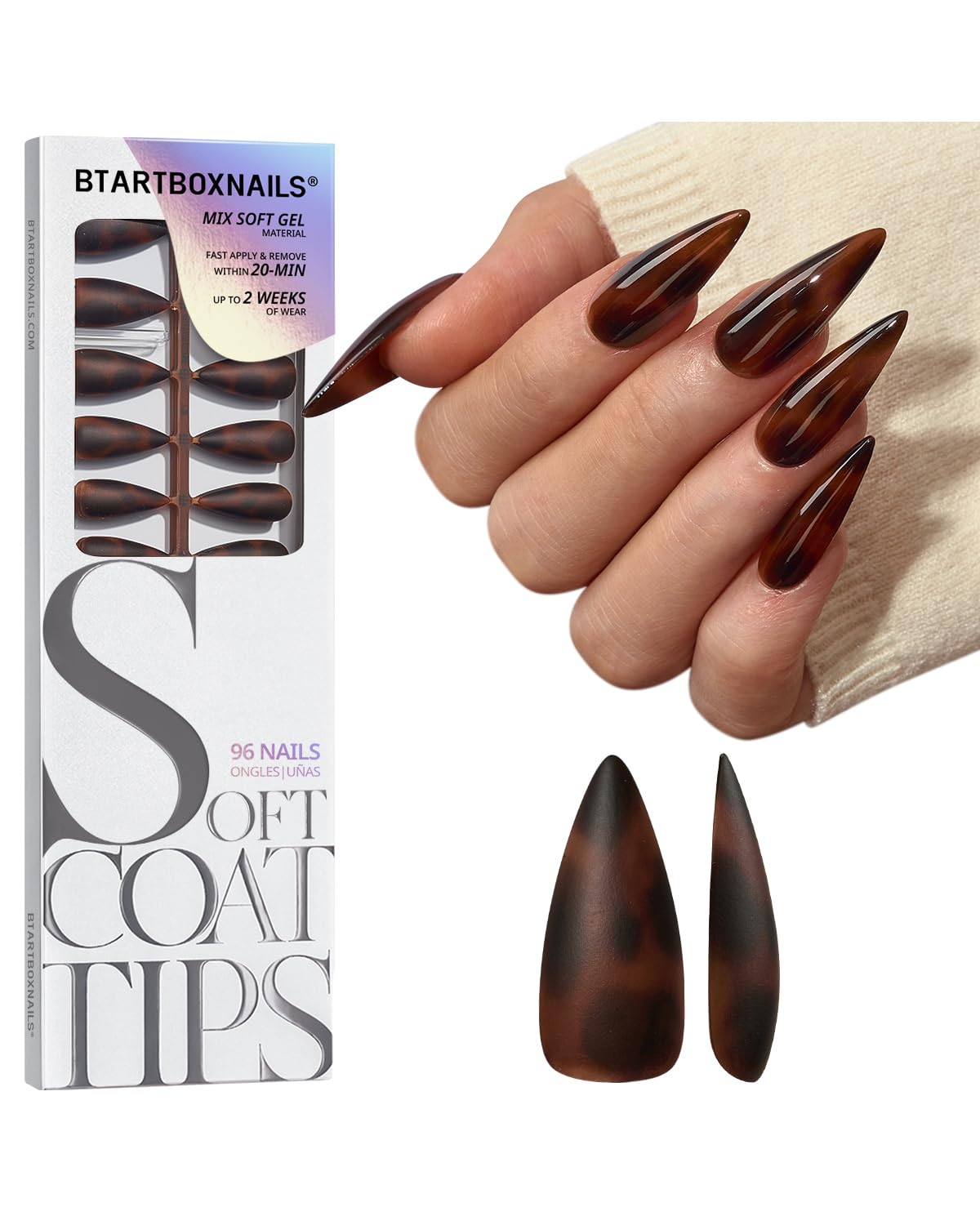 BTArtboxnails SOFTCOATTIPS Press On Nails - Tortoiseshell Long Stiletto Press On Nails, 96Pcs Salon Quality Soak Off Soft Gel Nail Tips in 16 Sizes