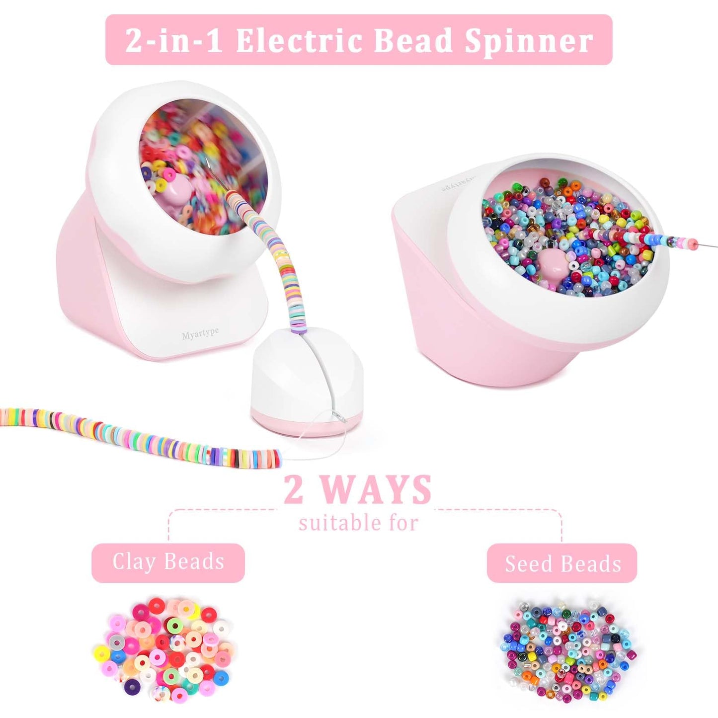 Myartype Clay Bead Spinner and Seed Bead Spinner, 2-in-1 Electric Bead Spinner for Jewelry Making, Bracelet Spinner and Necklace Making Machine with Bead Needles and Thread (Pink)
