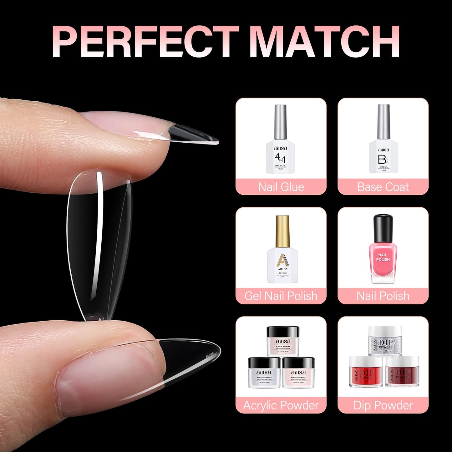 AILLSA Medium Almond Nail Tips Soft Clear Gel Nails Tips Preshaped Full Cover Nails Tip False Gelly Nail Tip for Nails Extension with Storage Box 216pcs 12 Sizes