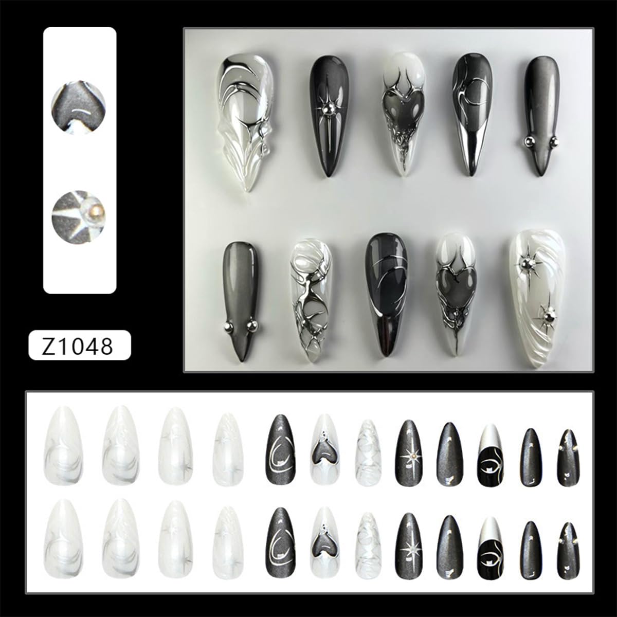 24Pcs Black Press on Nails Medium Almond Fake Nails with Silver Star Heart Rhinestones Designs Glossy Acrylic Full Cover Stick on Nail Gothic Dark Black Style False Nails for Women DIY Nails Salon