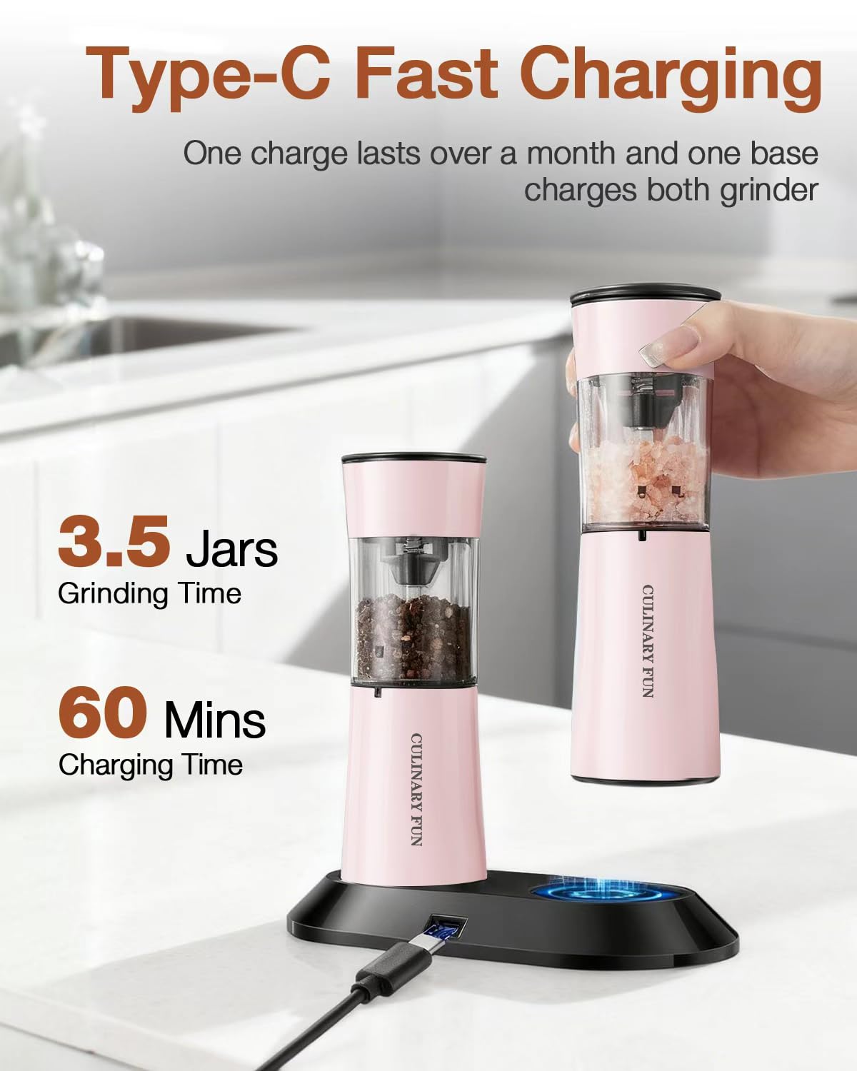 Gravity Electric Salt and Pepper Grinder Set 2-Pack, USB-C Rechargeable with LED Light, Automatic Stainless Steel Mills for Kitchen, BBQ, Dining Table & Gifts - Petal Pink