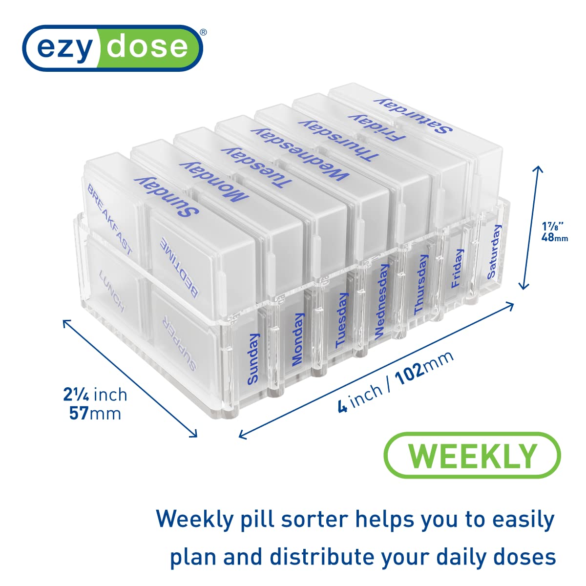 EZY DOSE Weekly (7-Day) Pill Case, Medicine Planner, Vitamin Organizer Box, Pop-Out Compartments, 4 Times a Day, Pocket Sized and Travel Friendly, Clear Lids, BPA Free