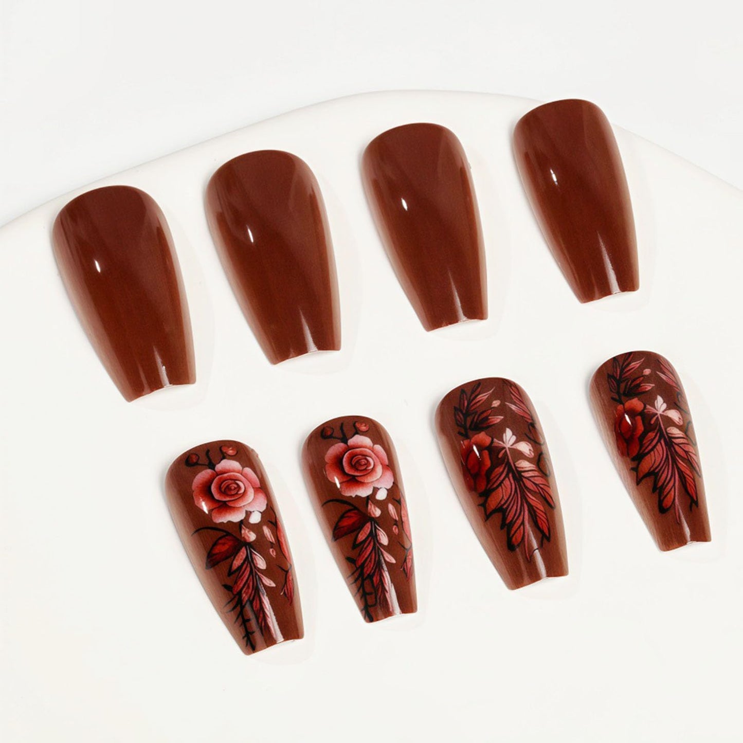 Fall Press on Nails Medium Coffin Fake Nails with Roses Designs Glossy Nails Press ons Dark Brown Full Cover Glue on Nails Autumn Acrylic Artificial Stick on Nails for Women 24Pcs