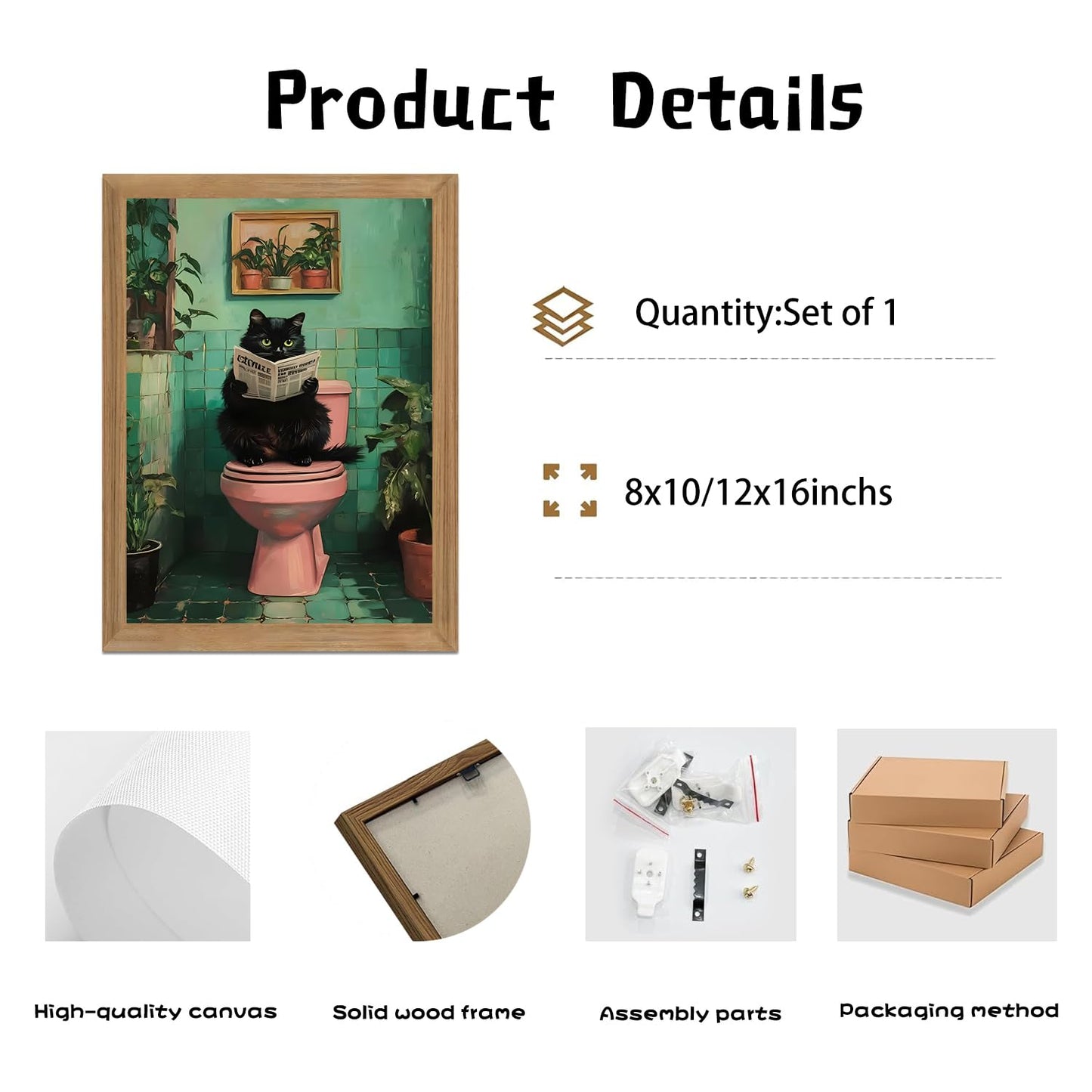 Funny Bathroom Wall Art Black Cat on Toilet Reading Newspaper, Humorous Cat Bathroom Decor Canvas Print, Quirky Animal Restroom Wall Decor Framed Artwork for Bathroom Home 8x10 Inch