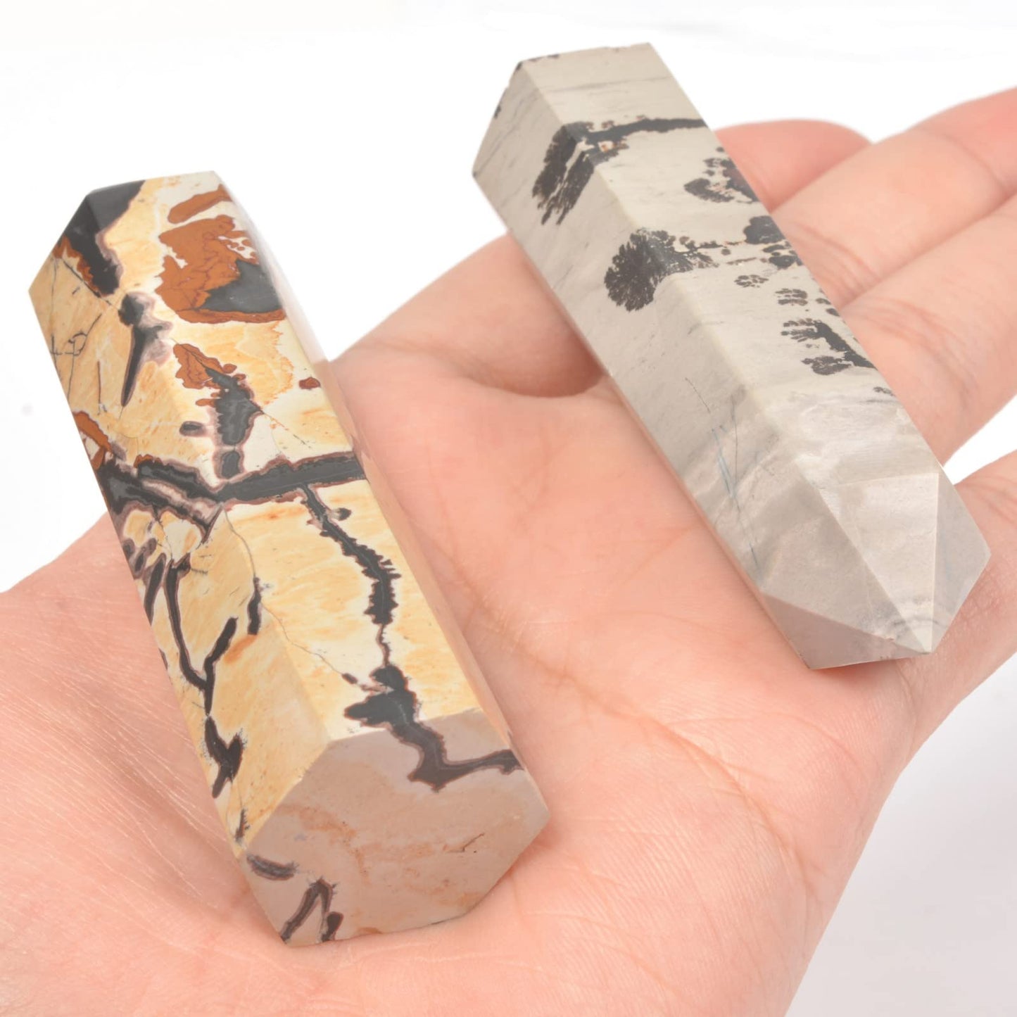 Large Chinese Painting Jasper Gemstone Crystal Pointed Hexagonal Tower Reiki Chakra Faceted Prism Wand Stone Home Decor