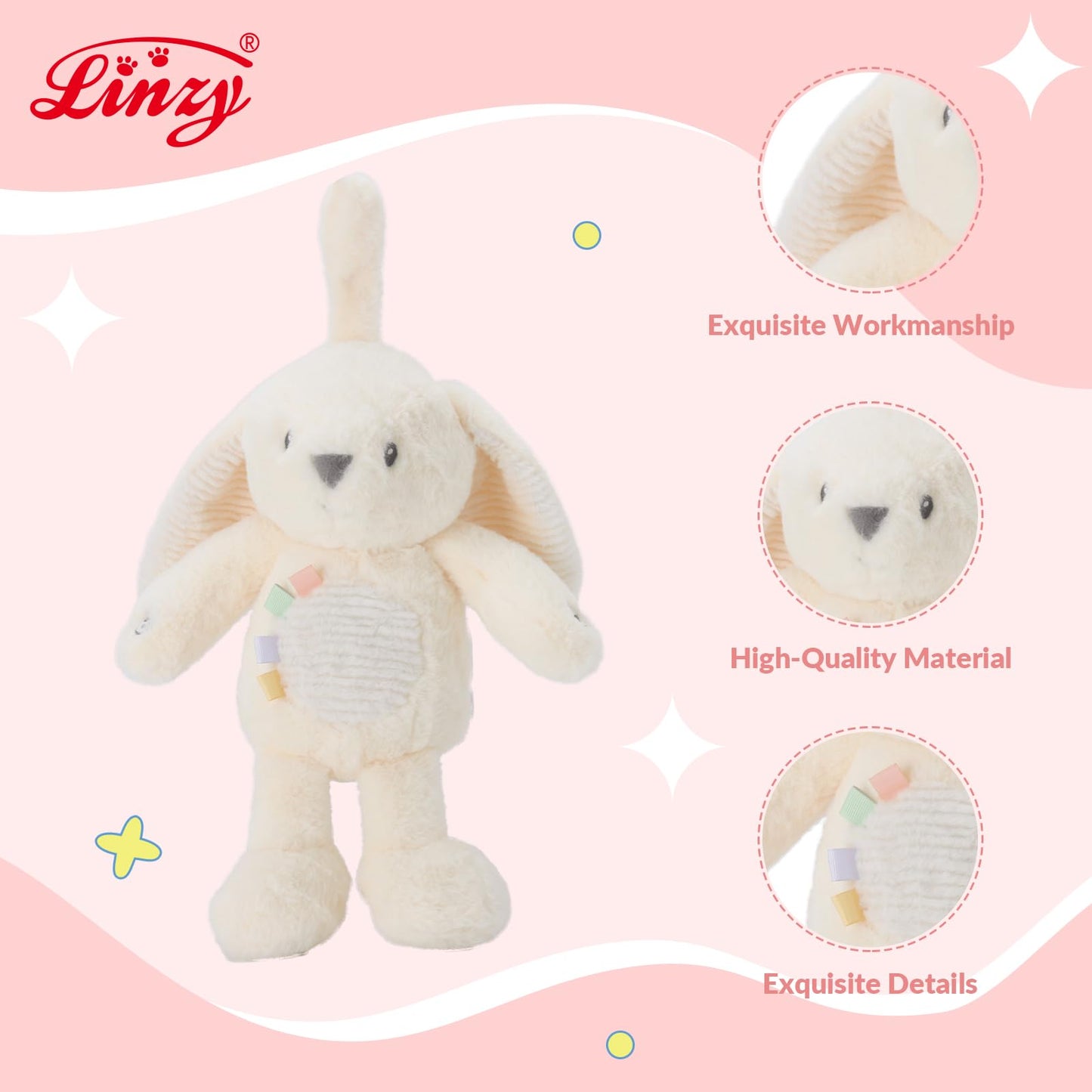 Linzy 10" Bunny Stroller Toy – Soft Bunny Plush Baby Toy with LED Night Light & Lullaby Music, Birthday Christmas for Newborns Toddlers Kids