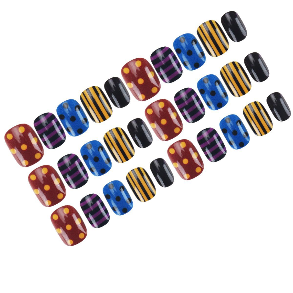 Short Press on Nails Square Fake Nails Funky Nails Press ons with Stripes,Polka Dots Design,Reusable Artificial Nail Full Cover Stick on Nails for Women Manicure 24 Pcs