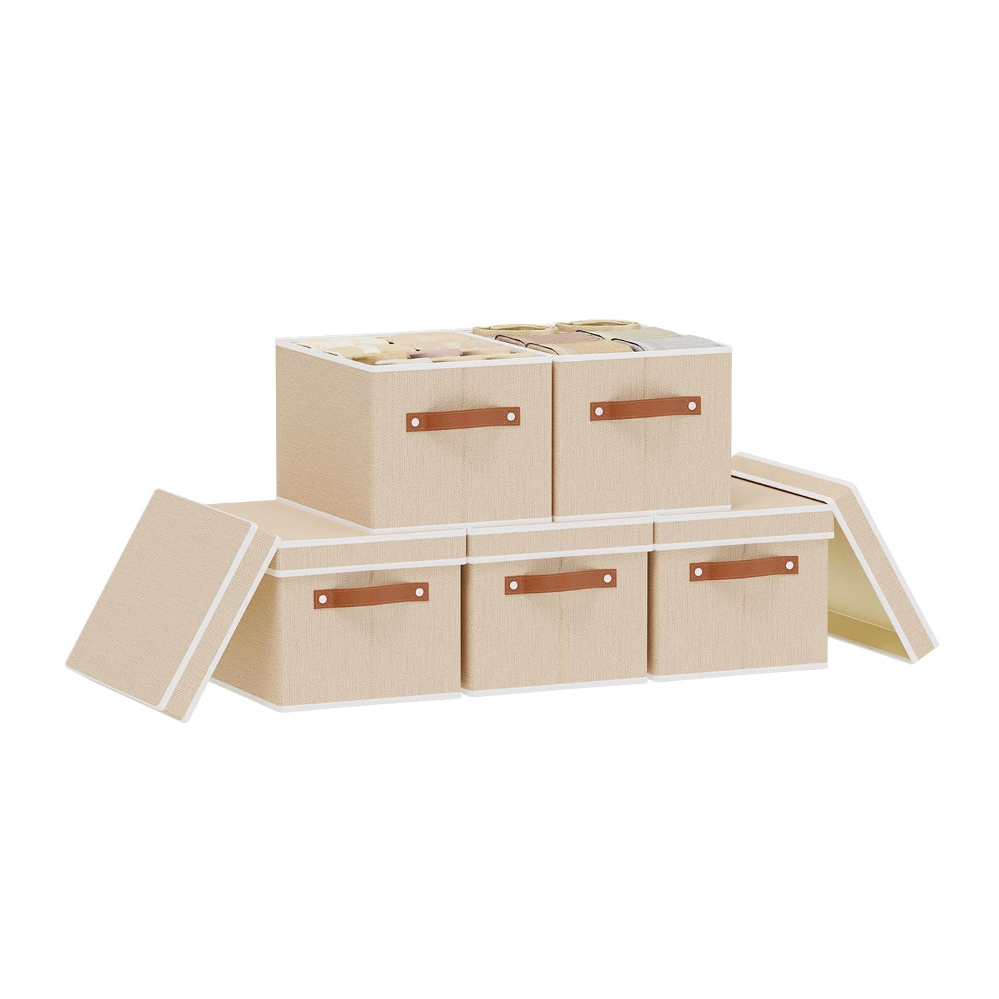 YheenLf Storage Boxes with Lids, 10.2×7.8×6.7 Inch Storage Baskets, Closet Organizers for Shelves Organizing with Handles, Beige, 5-Pack