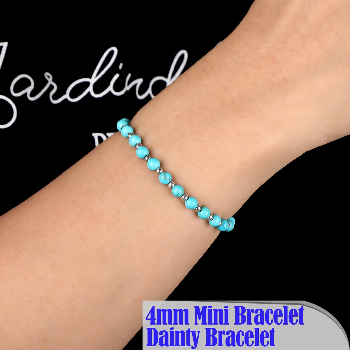 QOGIR Blue Turquoise - Stone of Wisdom - Stainless Silver Beads Natural Gemstone Stretch Elastic Dainty Healing Beaded Bracelets Gifts 4mm