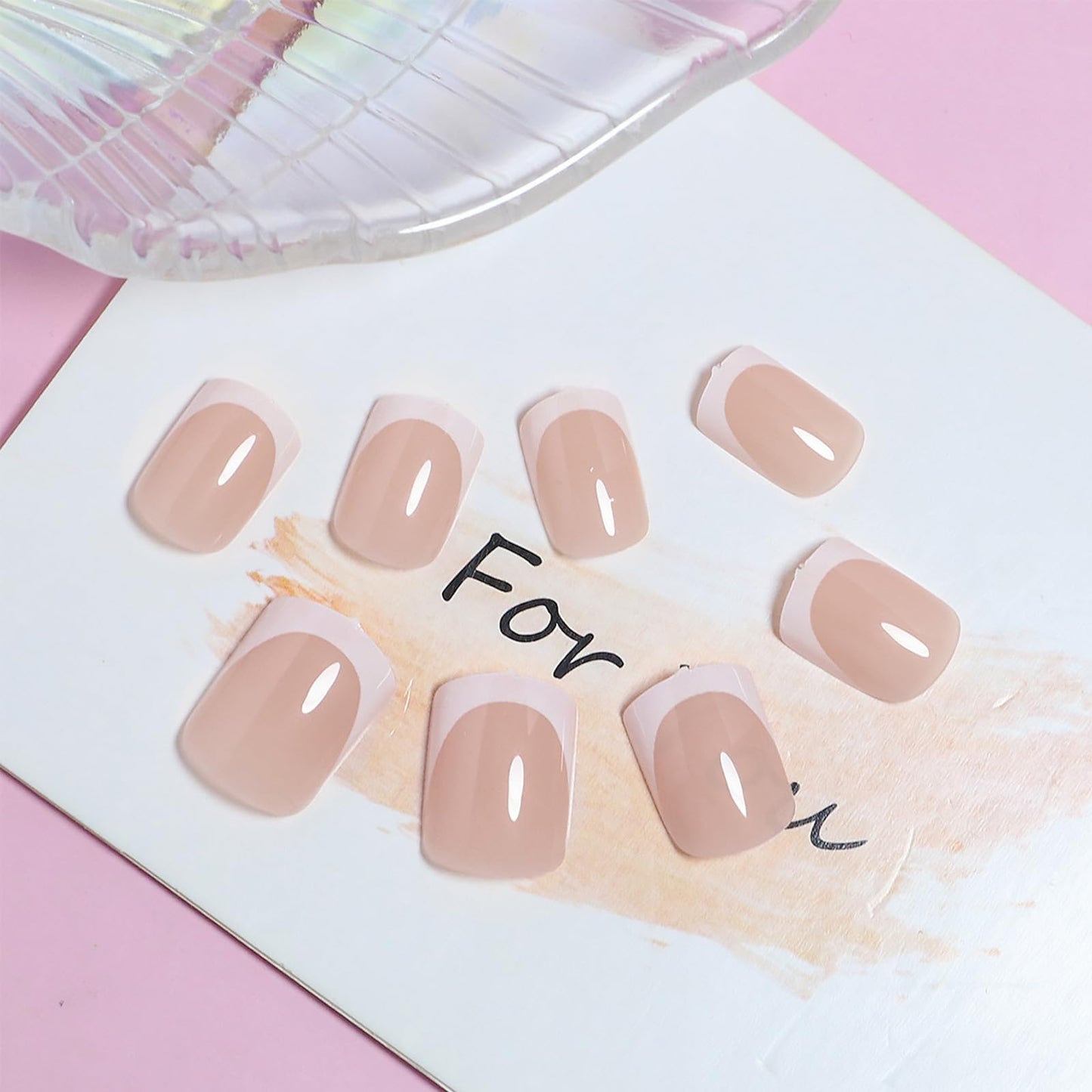 White French Tip Press On Nails Short Square Fake Nails Press ons Nude Glossy False Nails Reusable Acrylic Stick On Nails for Women Daily Home Office, 24 Manicure Kit with Adhesive Tabs