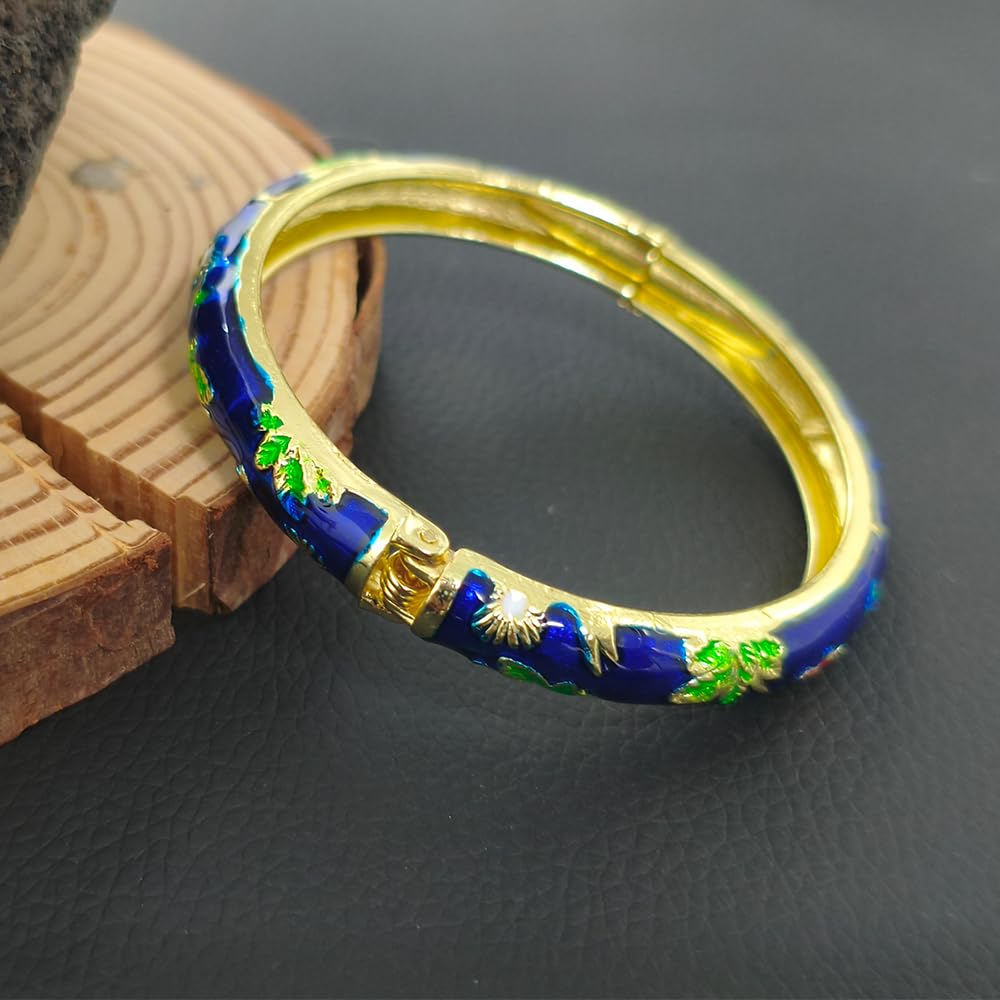 Cloisonne Bracelet For Women, Chunky Bangle Trendy Cute Flower Enamel Bangles Multi Tone Engraved Cuff Gold Plated Bracelets Stackable Wife Jewelry Friendship Gift (Dark Blue, One Size)