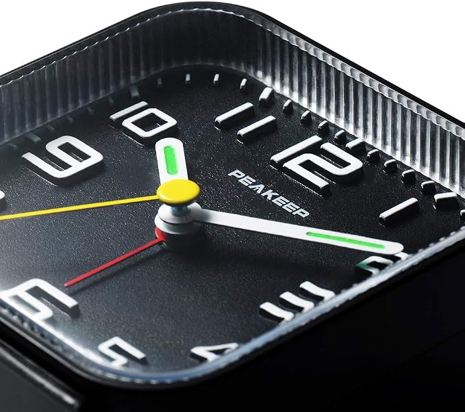Peakeep 3D Numbers No Tick-Tock Analog Alarm Clock Classic Beep Sound | Snooze, Manual Light and Battery Powered Small for Travel (Black-3D)
