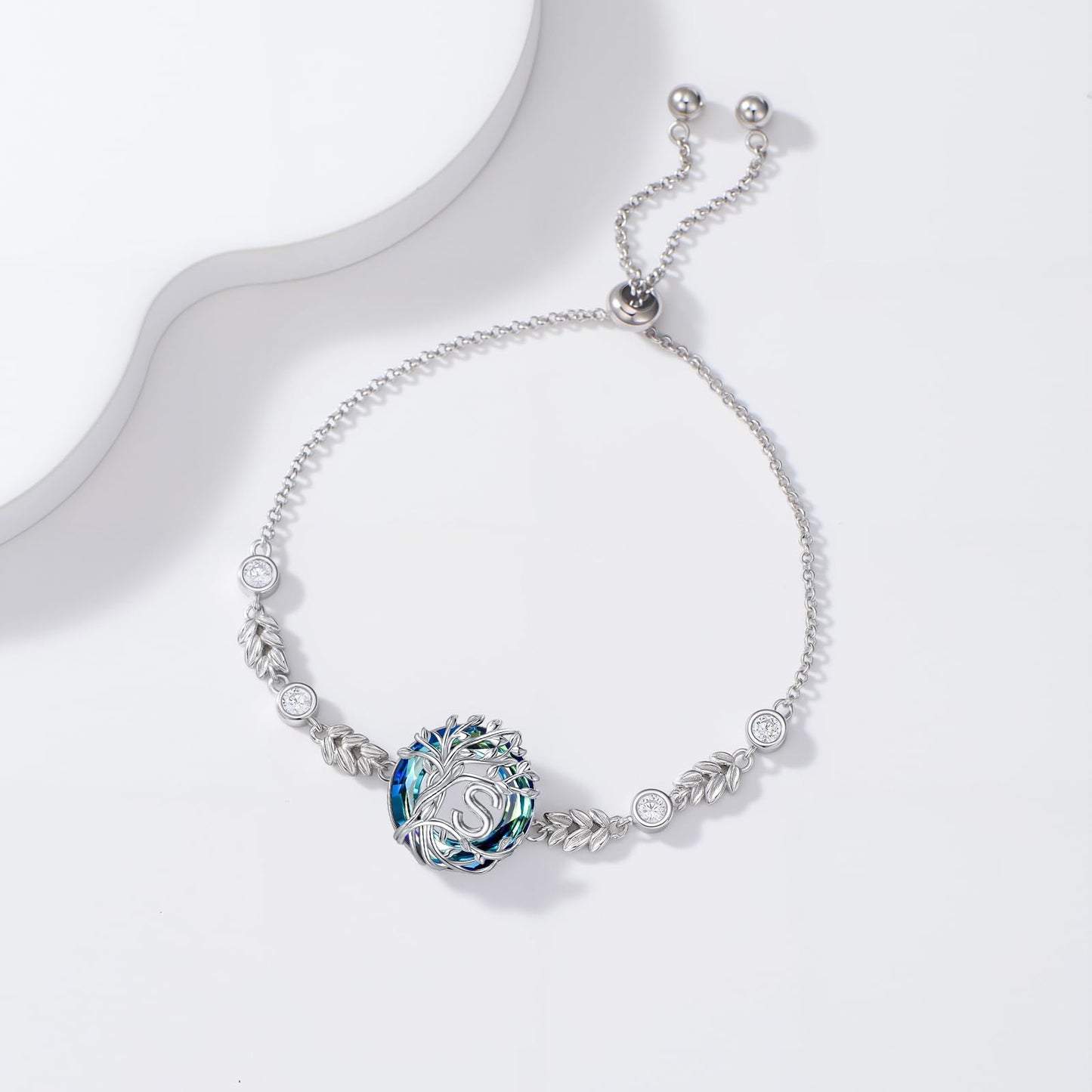 TOUPOP Tree of Life Initial Bracelet Sterling Silver Initials S Letter Link Bracelets Blue Circle Crystal Family Tree Birthday Mothers Day Jewelry Gifts for Women Mom Wife