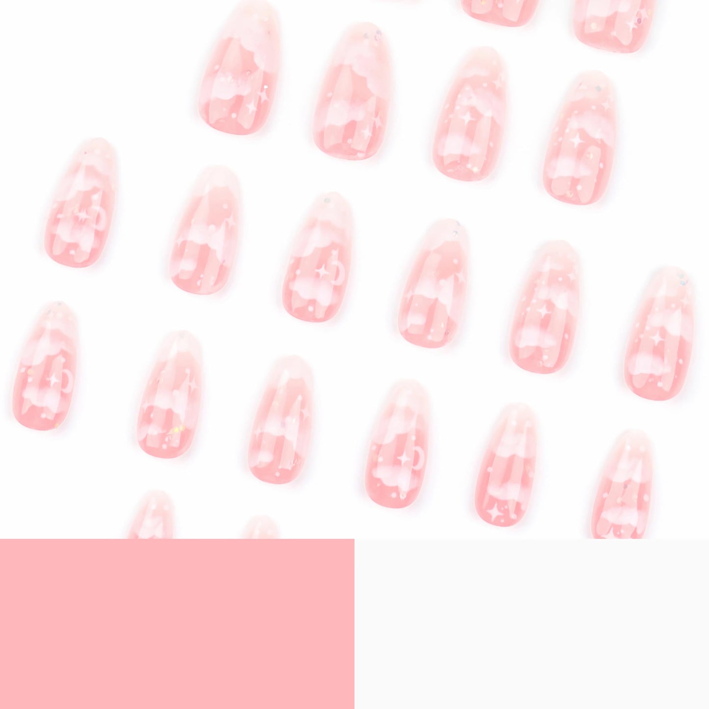 BABALAL Medium Almond Press on Nails, Pink Bling Glitter Acrylic Nails with Cute Cloud Design, 24Pcs Full Cover Glue on Nails