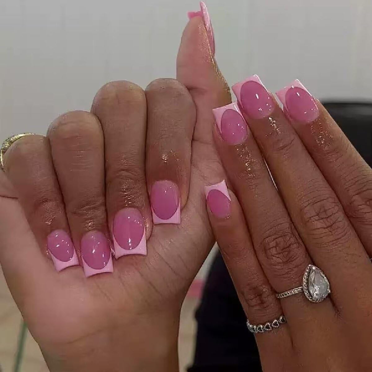 Square Press on Nails Medium Pink French Tip Fake Nails Glossy Acrylic Nails Full Cover Stick on False Nails for Women 24 Pcs
