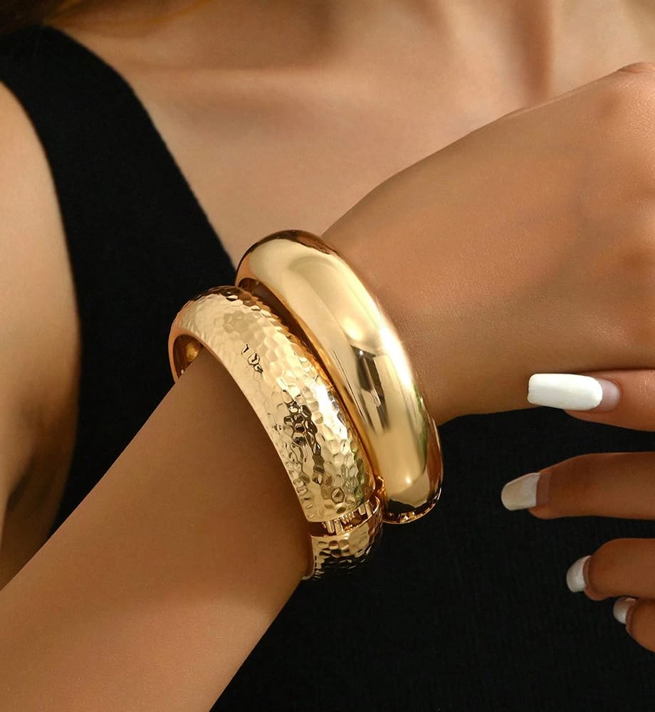 Chunky Gold Bangle Bracelets for Women, Dainty 14k Gold Plated Big Stackable Bangles Set, Trendy Statement Cuff Bracelet Stack Fashion Jewelry Gifts (2 Chunky bangles)