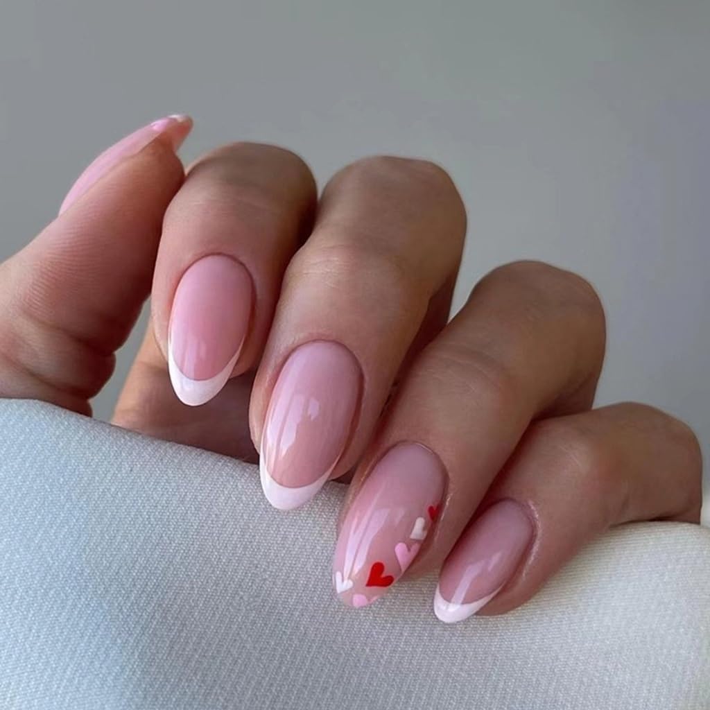 CTTHNBD Press on Nails Almond - Medium Fake Nails with Pink Red Hearts Design - White French Tip False Nails for Women - 24 Pcs