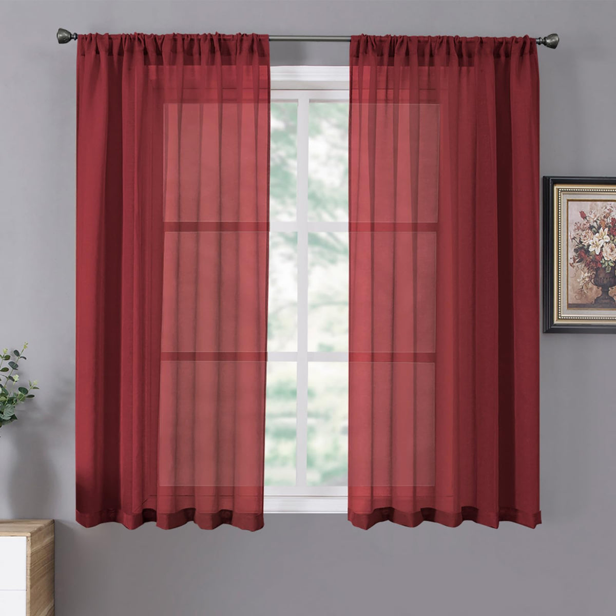 Short Sheer Curtain Linen Textured Bedroom Curtains Sheer Light Filtering Rod Pocket Voile Curtain for Living Room