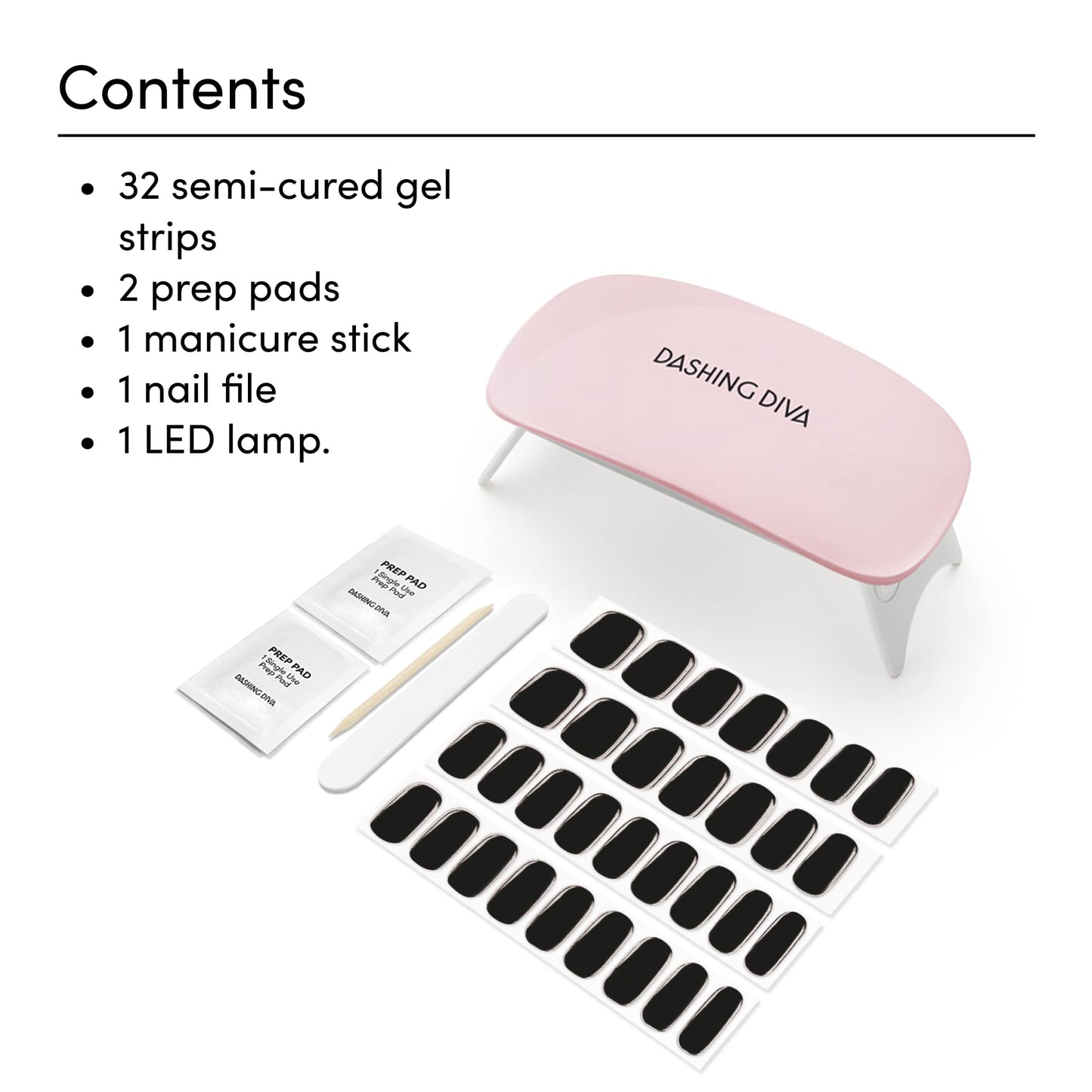 Dashing Diva Glaze Nail Starter Kit - Real Black - Long Lasting, Chip Resistant, Semi-Cured Gel Nail Strips - 7-Piece Manicure Set with 32 Strips and Mini LED Lamp