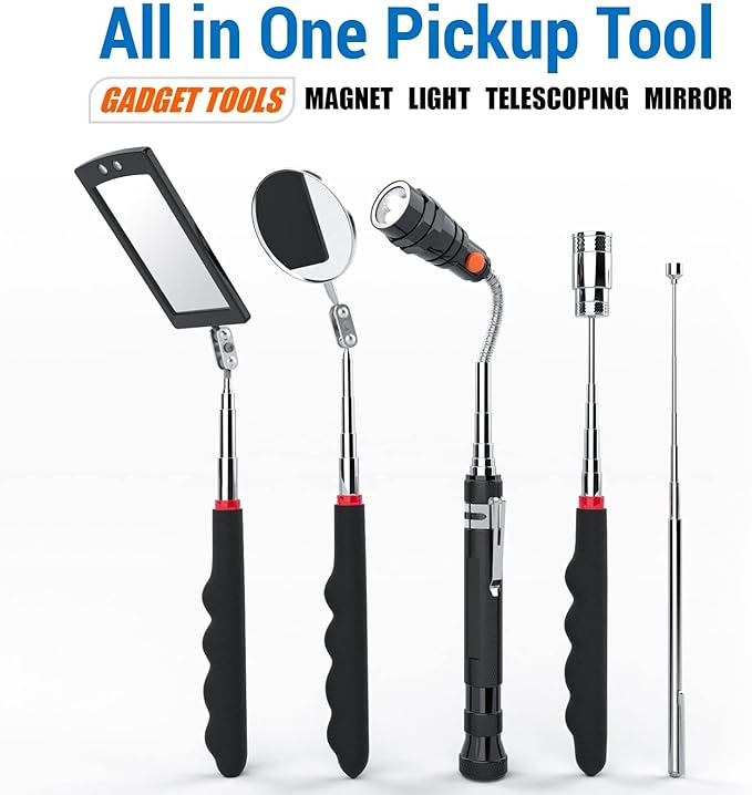Telescoping Magnetic Pick Up Tool with 1 lb and 15 lb Pickup Rod, Round and Square 360 Swivel Adjustable Inspection Mirror and Flexible LED Flashlight, Christmas Gifts Stocking Stuffers for Men, Him