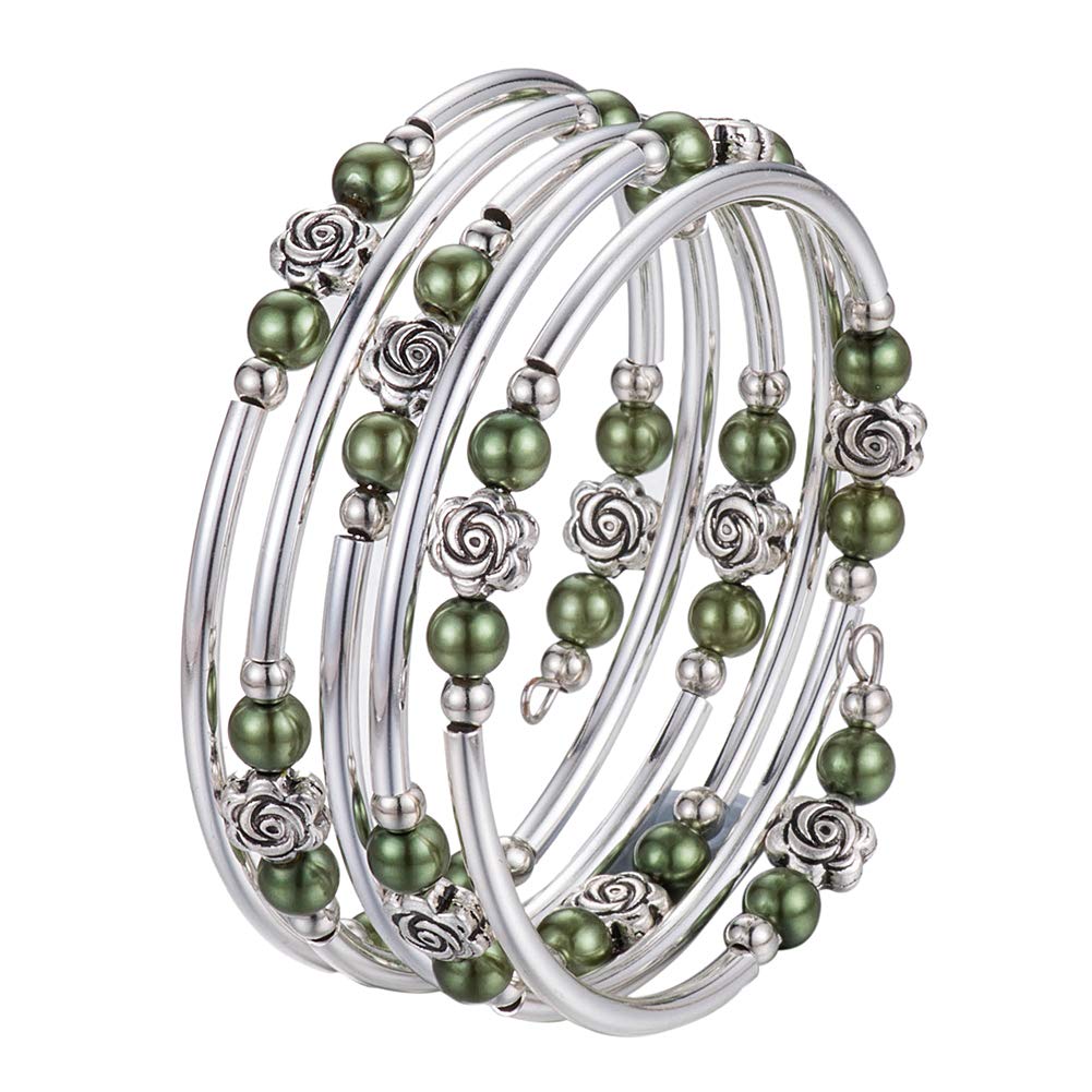 BULINLIN Wrap Bangle Rose Bead Bracelet - Beaded Bracelet with Natural Agate Stone Gifts For Women(01-Olive green pearl)