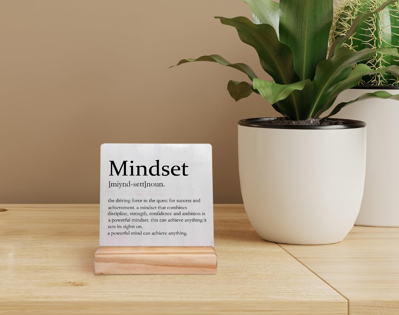 Mindset Definition Wood Plaque with Wooden Stand,Motivational Wooden Plaque Sign Desk Decor for Home Office Table Shelf Decorations