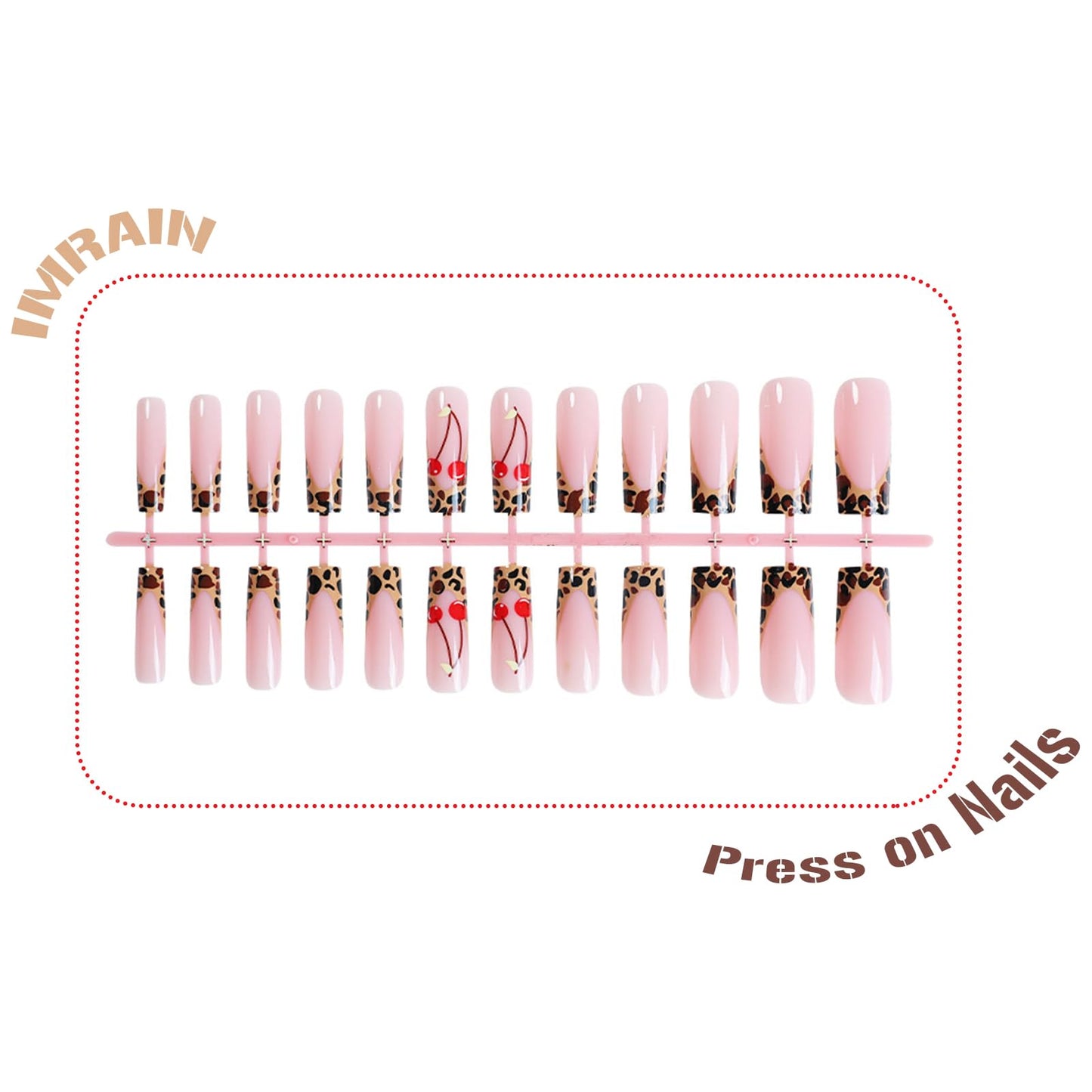 IMRAIN French Press on Nails Long Square Fake Nails Glossy Brown Leopard Print & Cherry Nails Press ons Gel Stick on Nails Full Cover Artificial False Nails for Women