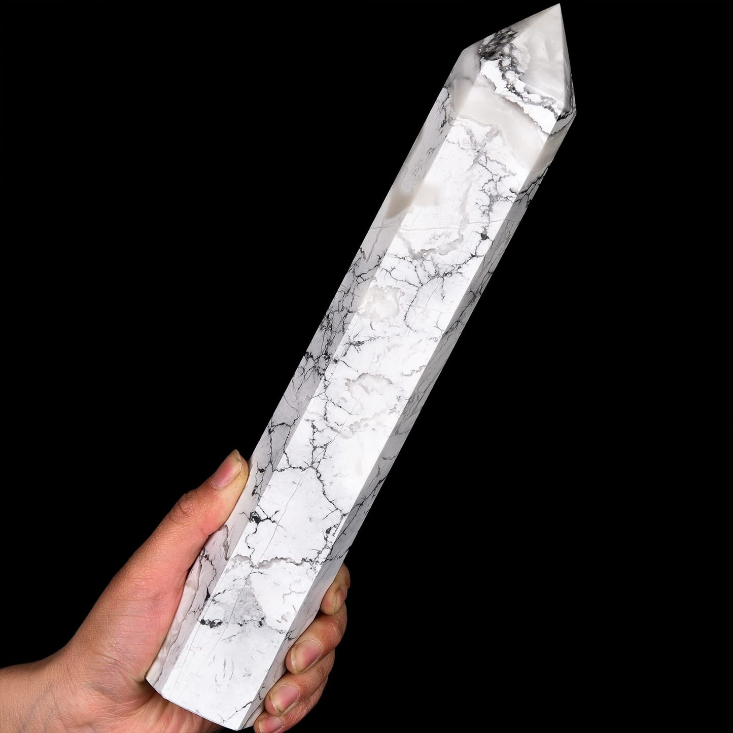 AMOYSTONE Large Healing Crystal Obelisk Tower White Howlite Point Wand Crystal Decor Reiki Gifts for Bignners 2.2-2.6 LBS