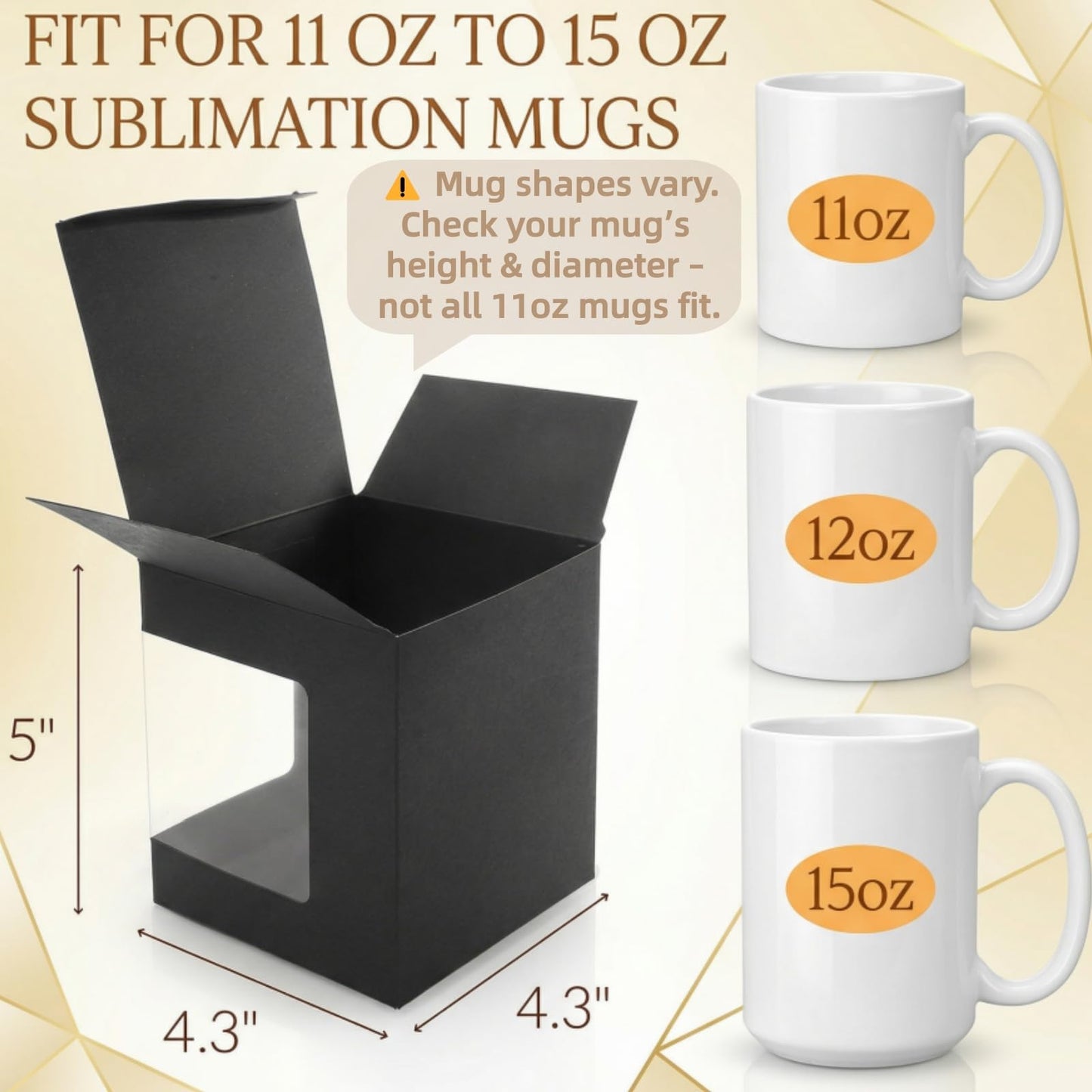 AVLA 50 Pack Mug Boxes for Gifts, Black Sublimation Mugs Packaging Box, 11oz 12oz 15oz Coffee Mugs Boxes with Window for Wrapping Birthdays Wedding Anniversaries Christmas
