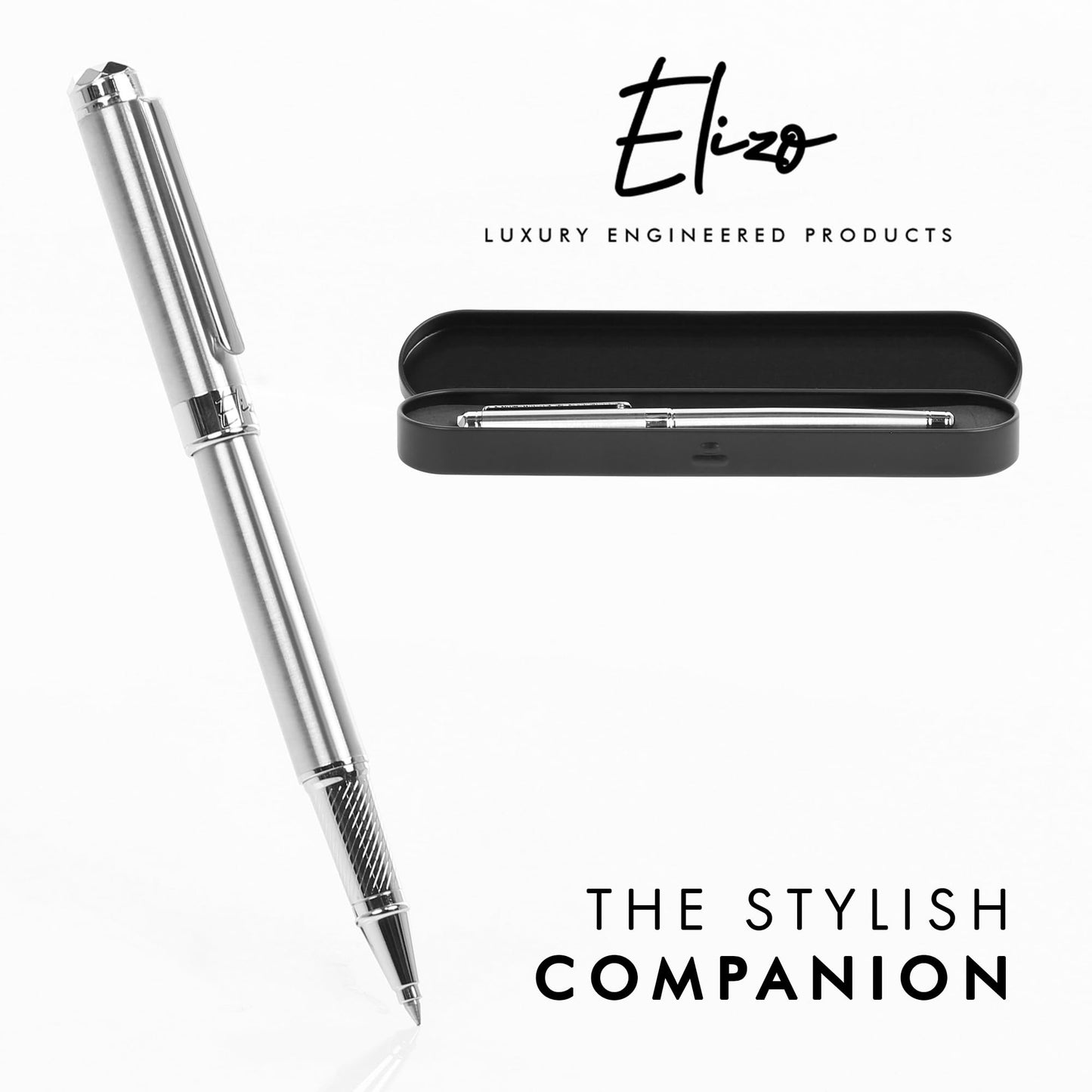 ELIZO Leather Portfolio & Rollerball Pen Bundle – Professional Padfolio Organizer with Antique Letter Strap & Chrome Silver Executive Pen, Schmidt Ink Business Writing Set