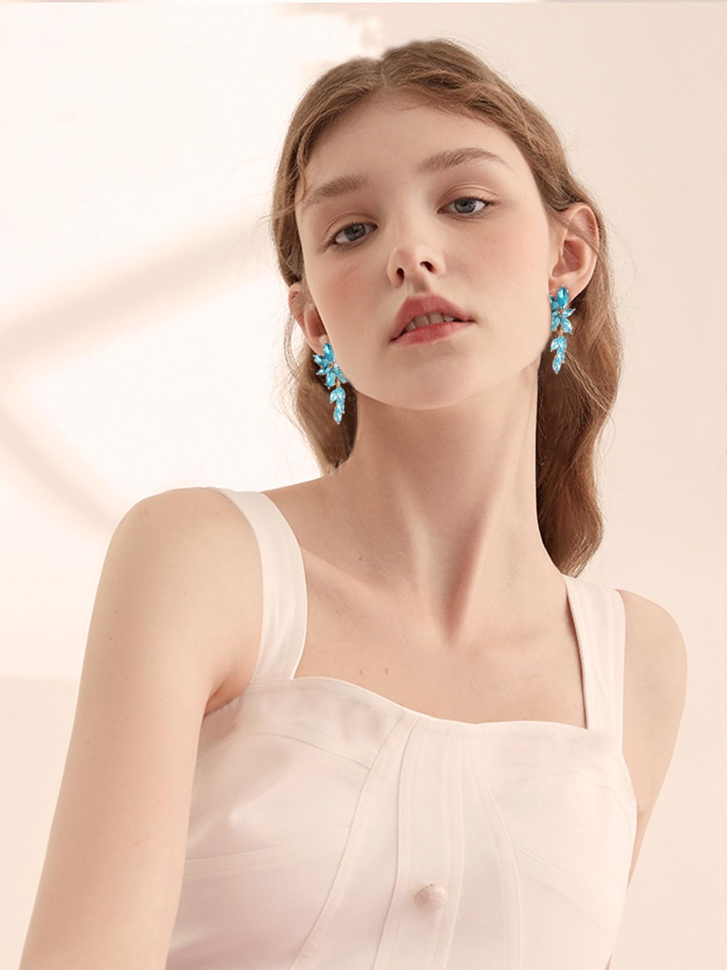 ATIMIGO Elegant Light Blue Rhinestone Dangle Earrings Cluster Crystal Wedding Bridal Earrings for Brides Bridemaids Formal Prom Statement Drop Earrings for Women