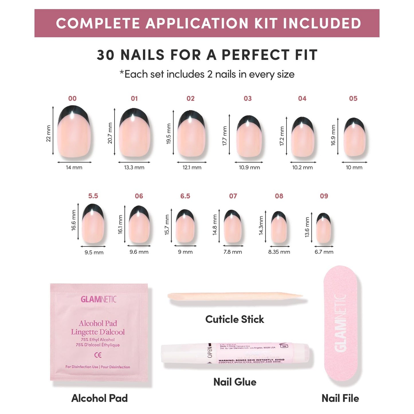 Glamnetic Press-On Nails Bundle - Burnt Miso, Squid Ink, Smoke Salt, Onyx Glaze & Balsamic Glaze | 5 Glazed Black French Tips in Super, Squoval, Short Oval, Short Round, & Medium Coffin |
