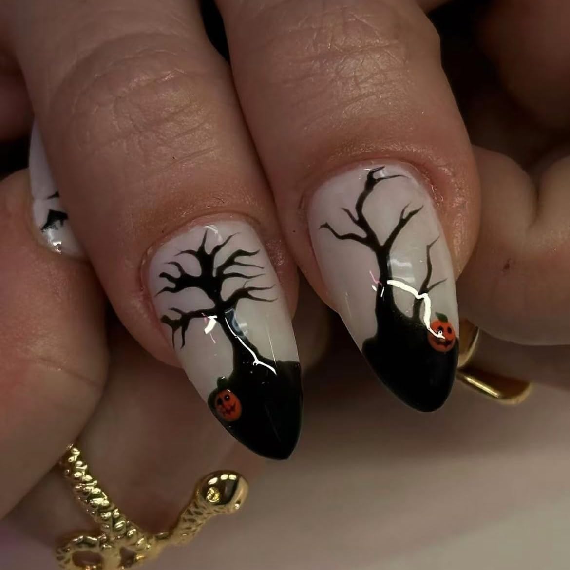 Halloween Press on Nails Short Fake Nails with Ghost Bat Design Almond Nails Glitter False Nails Halloween Full Cover Cute Stick on Nail for Woman Tool Kit Nail 10pcs (MT-151-M)