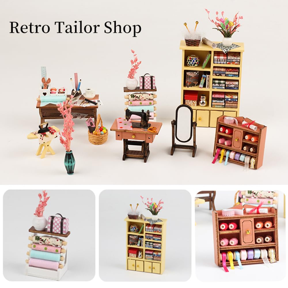 DIY Miniature Dollhouse Kit, Mini House Making Kit with Furnitures and Light, Tiny House Kit to Build for Adults, Hobby Craft Gift for Mothers Day, Tailor's Shop