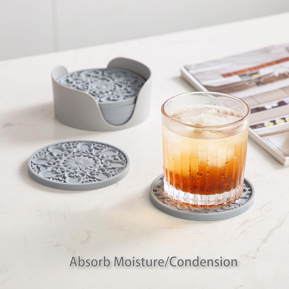 Colinda Silicone Coasters - Set of 6 with Holder, Non-Slip Cup Mats for Hot and Cold Drinks, Decorative Designs, Gift Ready Packaging, Cool Grey
