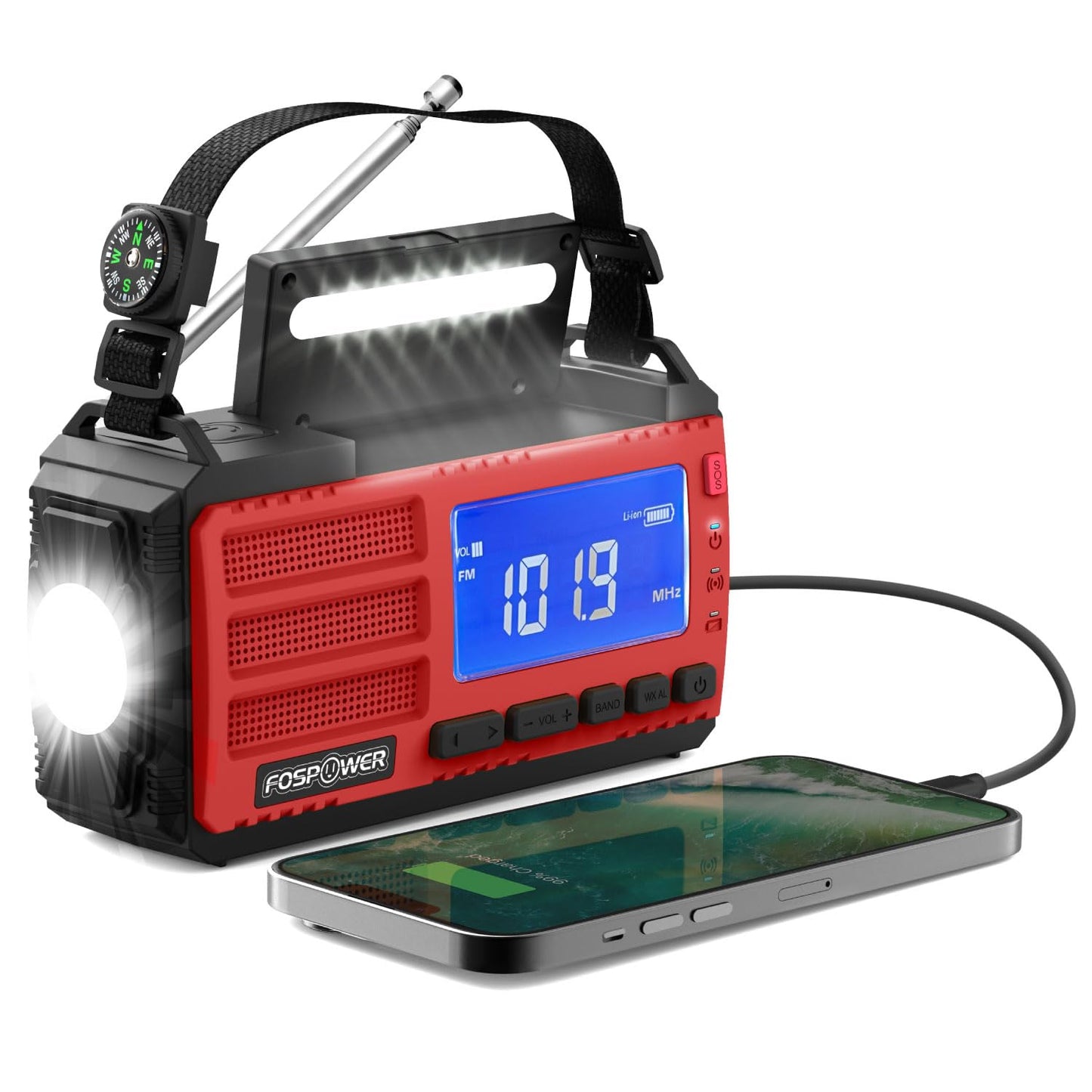 FosPower NOAA Emergency Weather Radio D8 37000mWh Portable Power Bank, AM/FM, USB/Solar/Hand Crank Charging, SOS Alarm & Flashlight for Indoor/Outdoor Emergency - Red