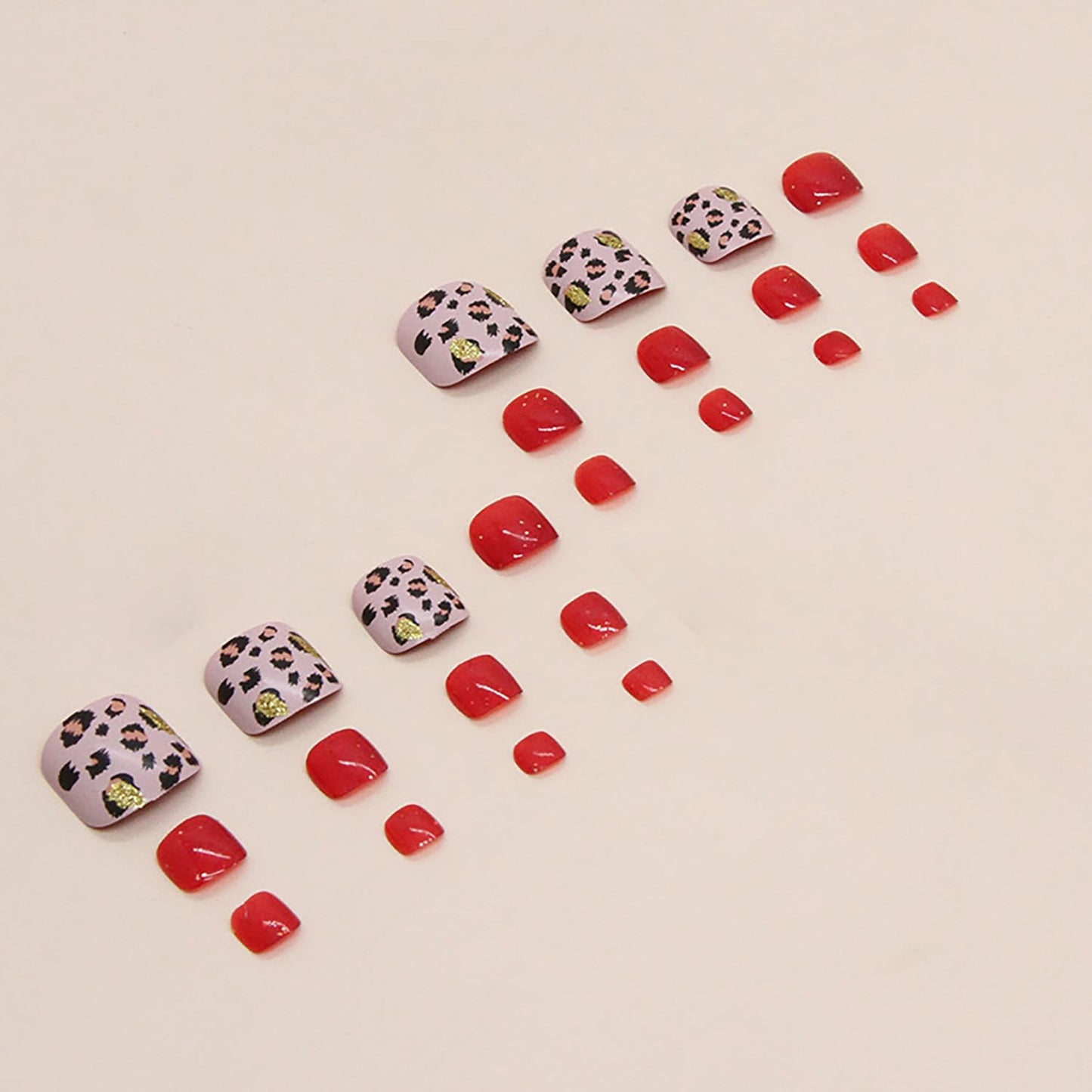 Red Press On Coffin Toenails With Leopard Designs, Full Cover Reusable False Nails With Adhesive Tab, Artificial Acrylic Fake Toe Nails, Glue On With Charm Stick On for Women