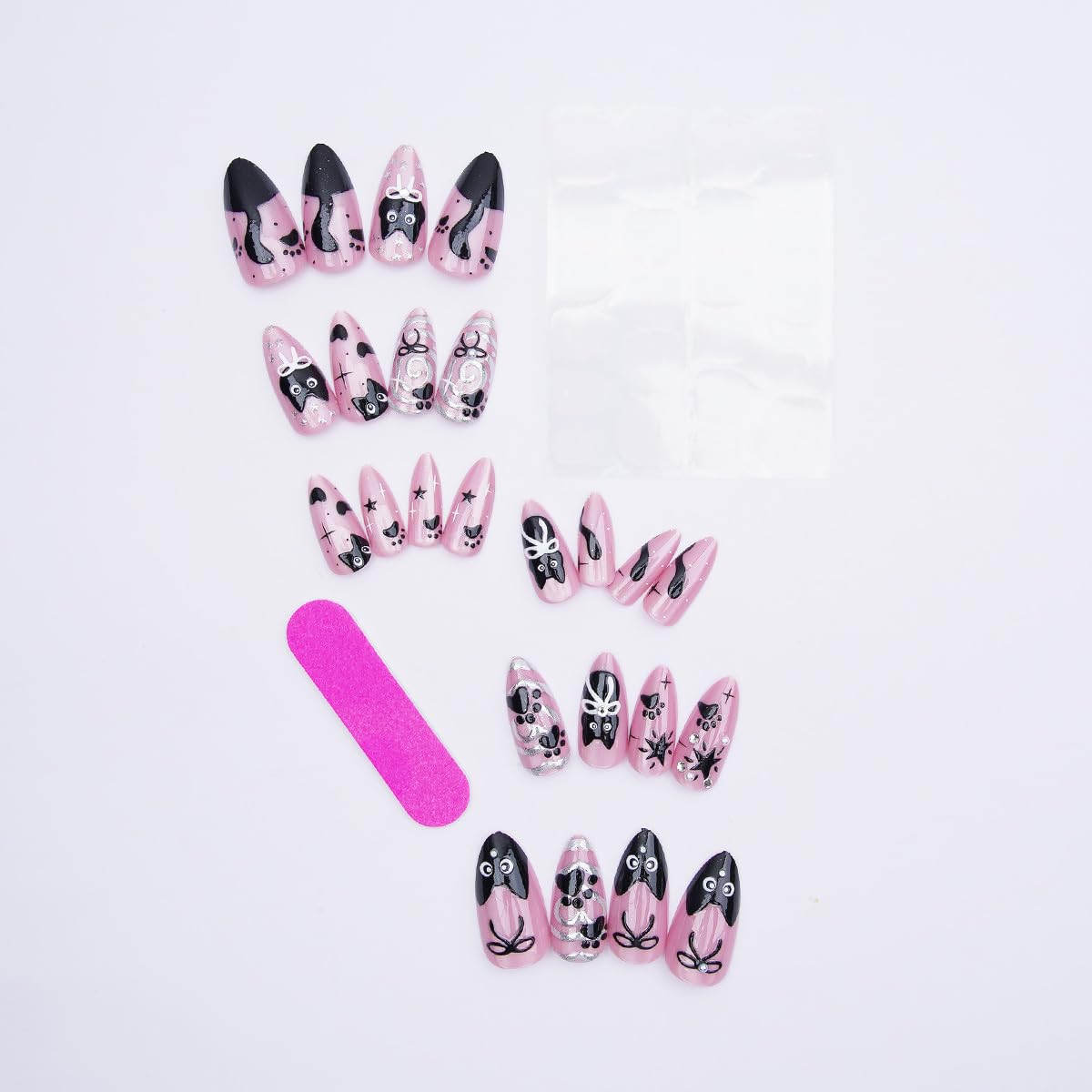 24Pcs Pink Glitter Press on Nails Medium Almond Fake Nails Cute Cat Black Bow Star False Nails with 3D Silvering Heart Vortex Gems Design Full Cover Glue on Nails Artificial Stick on Nail for Women