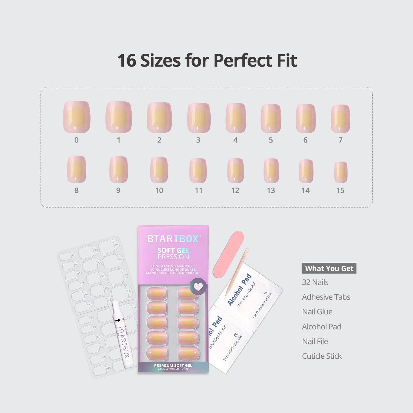 BTArtbox Press On Nails Short - Twilight Ease, Easy-to-Apply Pink and Yellow Square Press On Nails with Glue and Adhesive Tabs in 16 Sizes - 32 Nails All-in-One Kit
