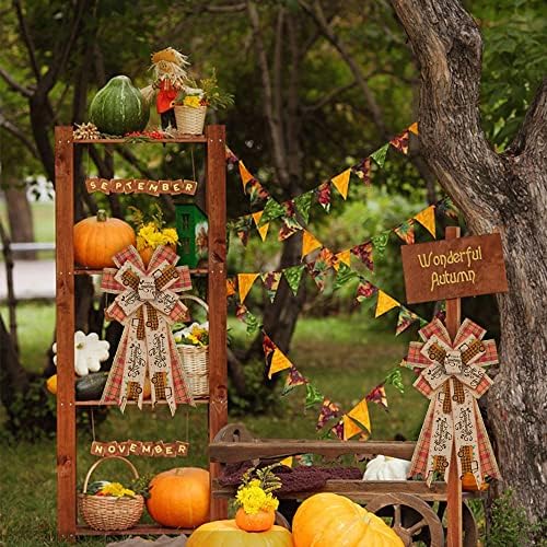 Large Fall Bows for Wreath, Thanksgiving Truck Harvest Wreath Bows Orange Buffalo Plaid Bows for Front Door, Farmhouse Ornament Burlap Tree Topper Bows for Fall Indoor Outdoor Decoration