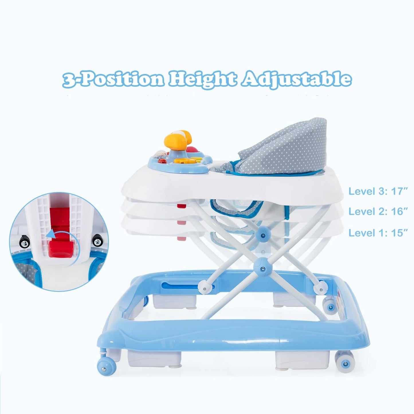 INFANS Foldable Baby Walker, 3 in 1 Toddler Walker Leaning-Seated Walk-Behind with Removable Music Tray, Adjustable Height, Washable Seat Cushion for Boys and Girls (Wave Point)