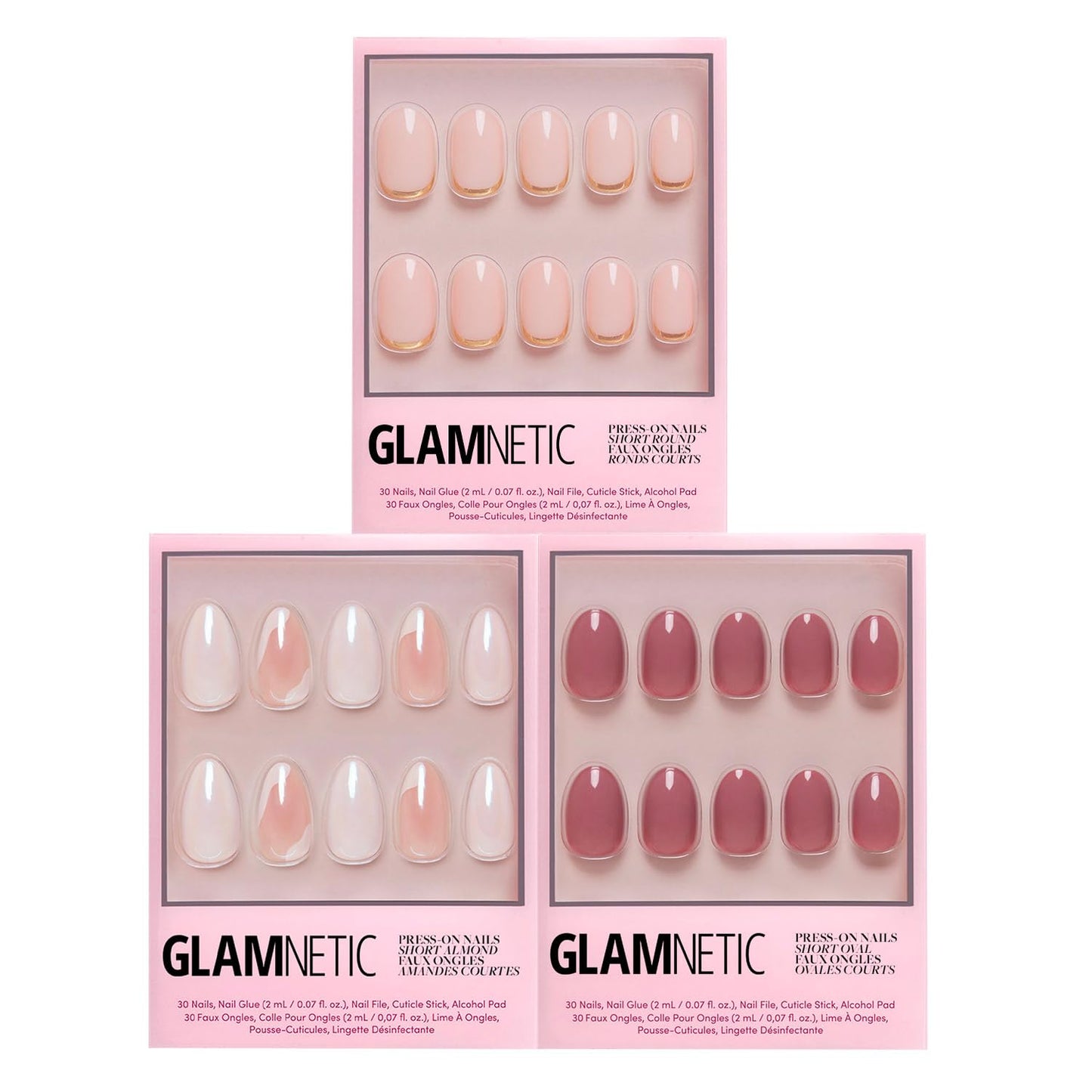 Glamnetic Press-On Nails Bundle - Lovey Dovey, Fall Mauve & Goal Digger | Almond Fake Nails with Abstract Accents | Muted Blush Mauve Oval False Nails | Natural Short Round False Nails wit