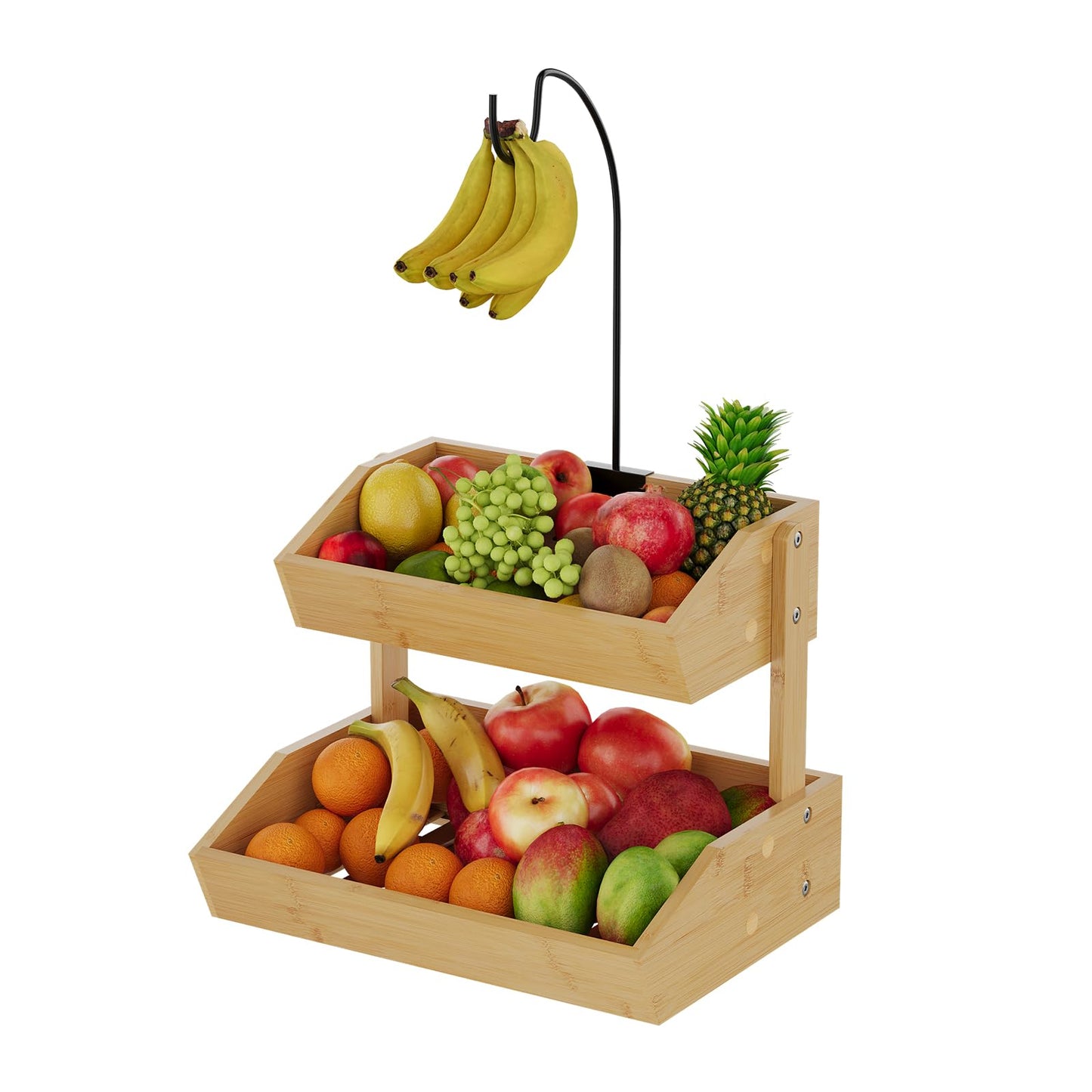 PULIJIAJU Bamboo Fruit Basket, Fruit Holder With Banana Hanger, Fruit Bowl, Kitchen Counter For Fruit and Vegetable Storage, Bread Basket, Snack Organizer Holds (Natural, 2-Tier)