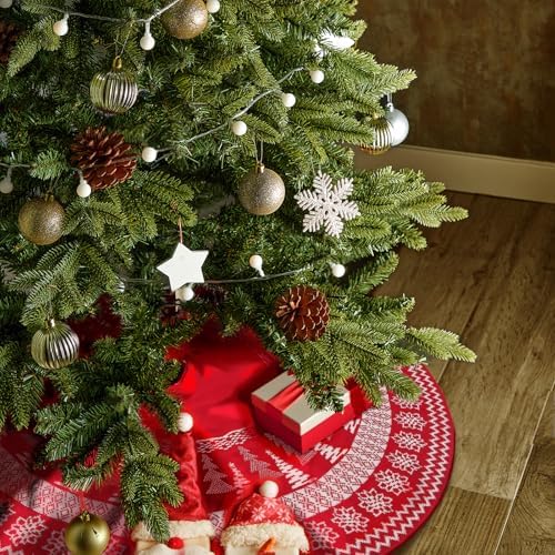 Knitted Christmas Tree Skirt,48 Inch Snowflakes Knit Christmas Tree Skirt Red Burgundy Tree Skirt Cable Knit Xmas Tree Skirt for Holiday Decoration