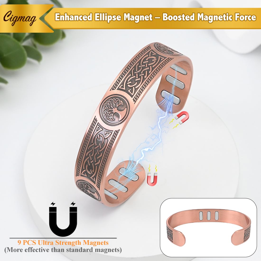 Cigmag Copper Bracelet for Men, with Powerful 9X 5000 Gauss Magnets, Adjustable Solid Pure Copper (Viking Lotus Life Tree)