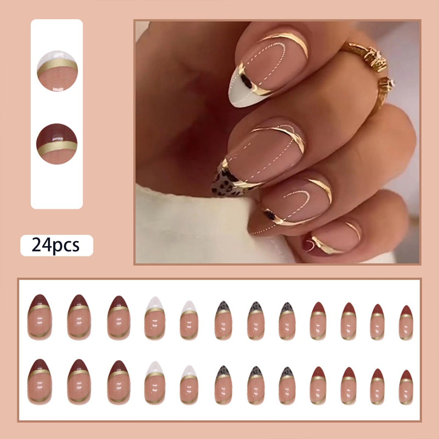 Short Almond Press on Nails Gold Line Fake Nails Glossy Red French Tip Artificial Acrylic Nails Leopard Stick on False Nails Glue on Nails 24 pcs